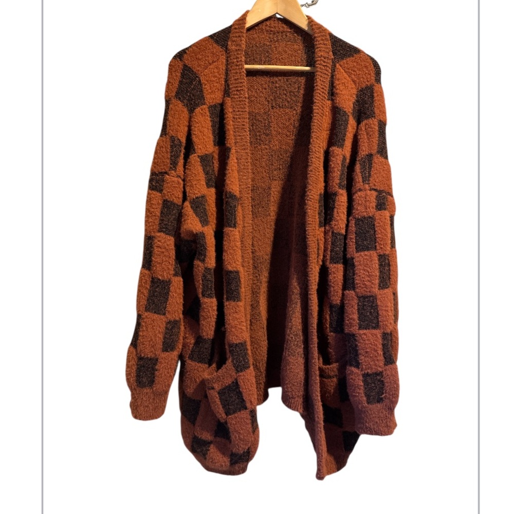 Bloomchic cardigan Cozy Checkered Open-Front Sweater fuzzy 18 20